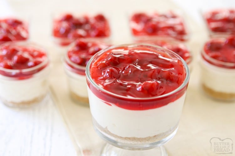 White Chocolate Cherry Cheesecakes are sweet & creamy no-bake cheesecakes topped with tangy cherry pie filling. Simple, easy to make cheesecake desserts perfect for entertaining! 
