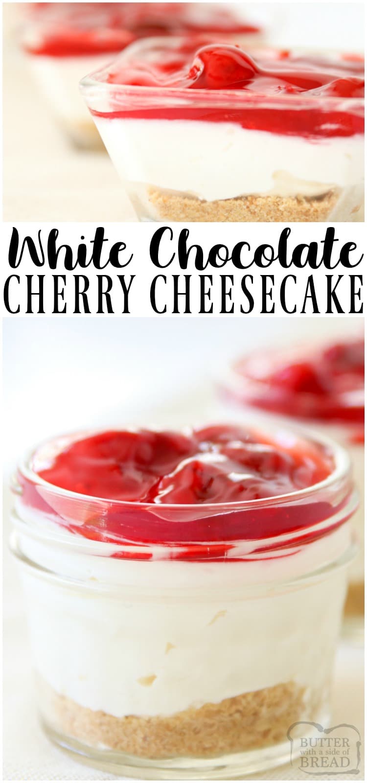 White Chocolate Cherry Cheesecakes are sweet & creamy no-bake cheesecakes topped with tangy cherry pie filling. Simple, easy to make cheesecake desserts perfect for entertaining!