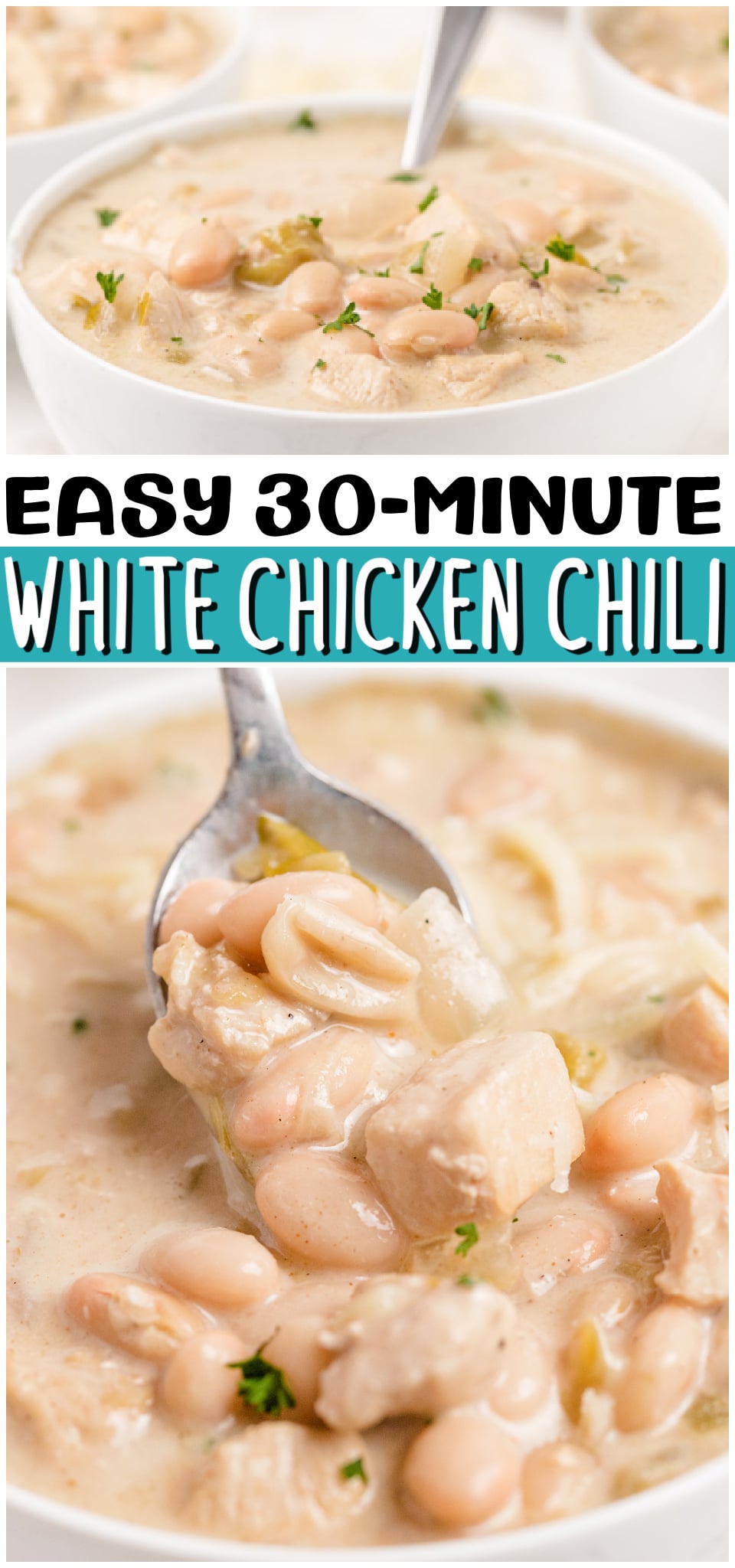White Chicken Chili is a delicious & comforting meal packed with white beans, chicken, and green chilies. Takes only 30 minutes from start to finish! #chili #chicken #beans #dinner #easyrecipe from BUTTER WITH A SIDE OF BREAD