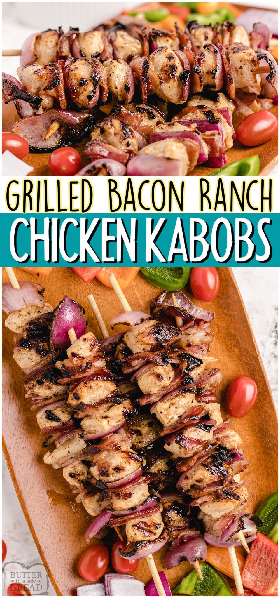 Grilled Bacon Ranch Chicken Kabobs full of flavor & so easy to make! Juicy, tender chicken skewers slathered in Ranch & layered with bacon & red onion. Crowd pleasing chicken dinner recipe perfect for your next BBQ!