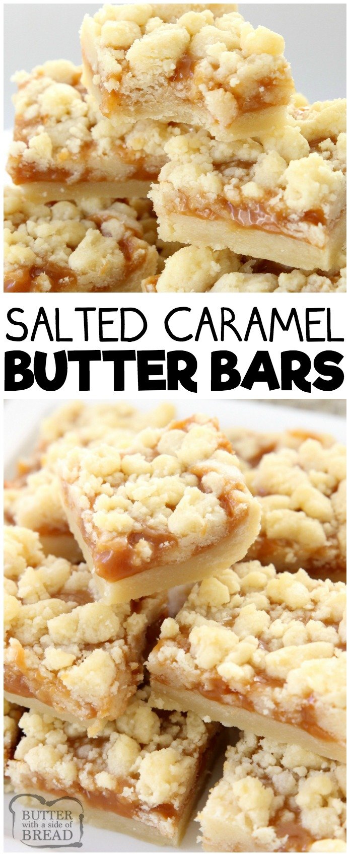 Salted Caramel Bar recipe made with a sweet shortbread crust & topped with smooth caramel and sea salt. Perfectly indulgent caramel butter bar dessert! #caramel #dessert #butter #baking #recipe from BUTTER WITH A SIDE OF BREAD