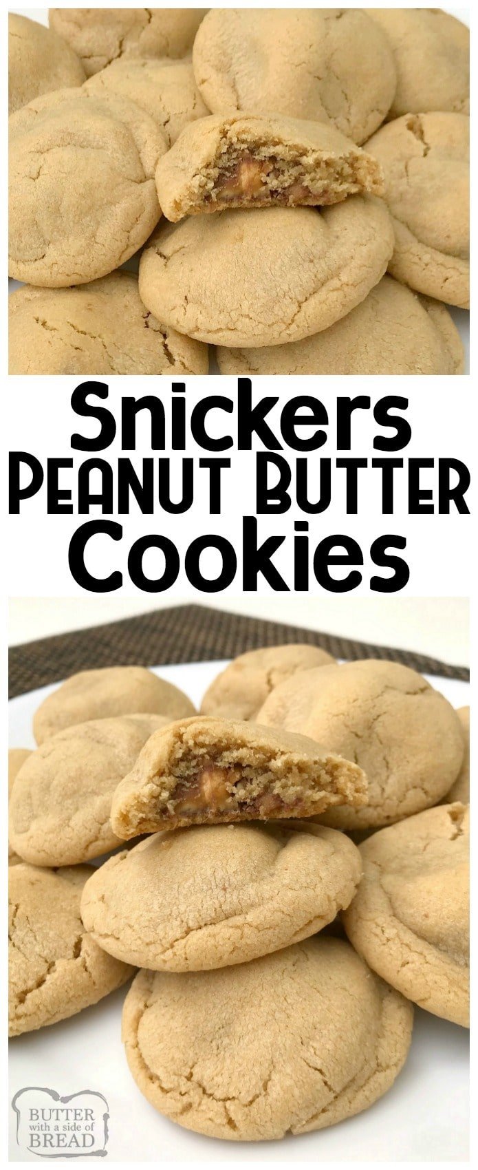 Snickers Peanut Butter Cookies take an already incredible soft and delicious peanut butter cookie recipe, and add a Snickers surprise in the middle!