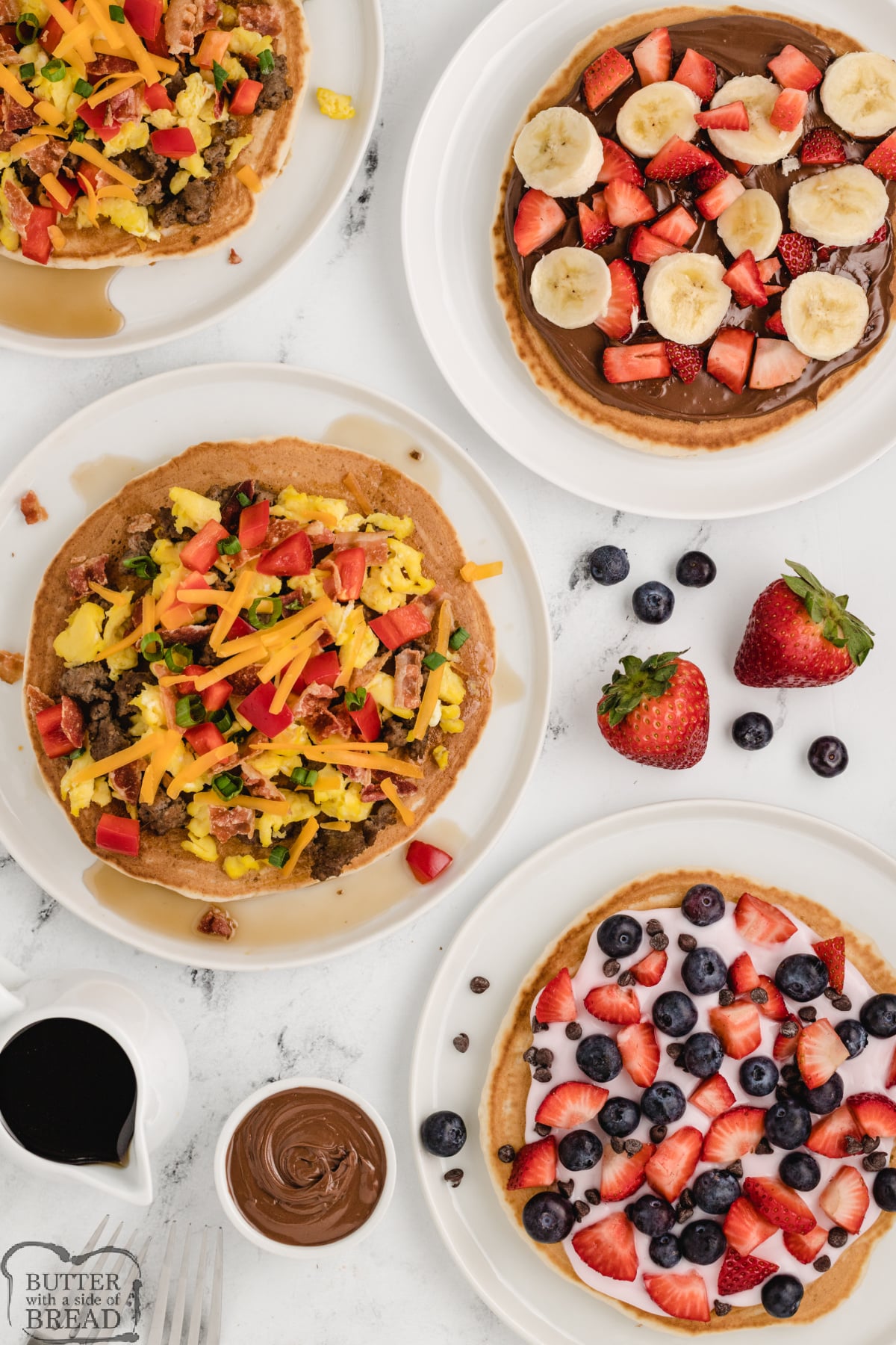 Serve these breakfast pancake pizzas with sweet or savory toppings, and they're sure to be loved either way. Everyone is sure to love this unique and fun twist on a breakfast classic.