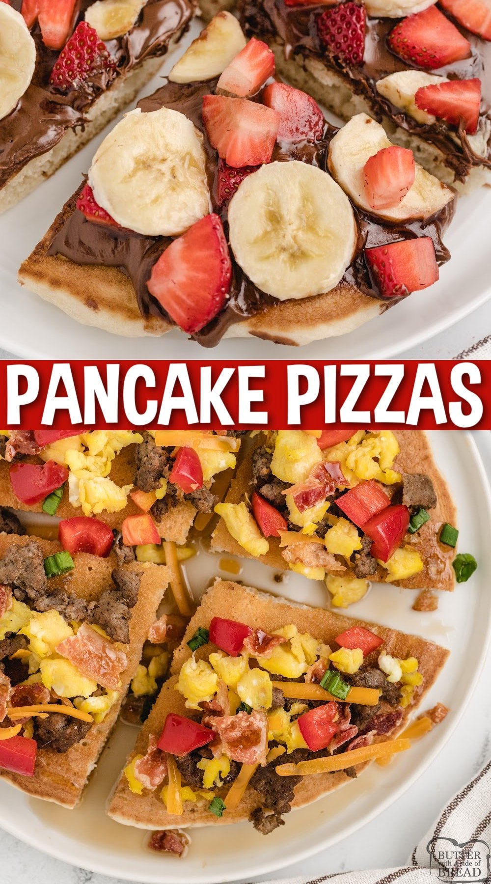Serve these breakfast pancake pizzas with sweet or savory toppings, and they're sure to be loved either way. Everyone is sure to love this unique and fun twist on a breakfast classic.