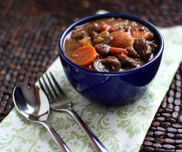 Beef Stew Crock Pot recipe made with tender chunks of beef, loads of vegetables and a simple mixture of broth and spices that yields the BEST, easiest beef stew ever!