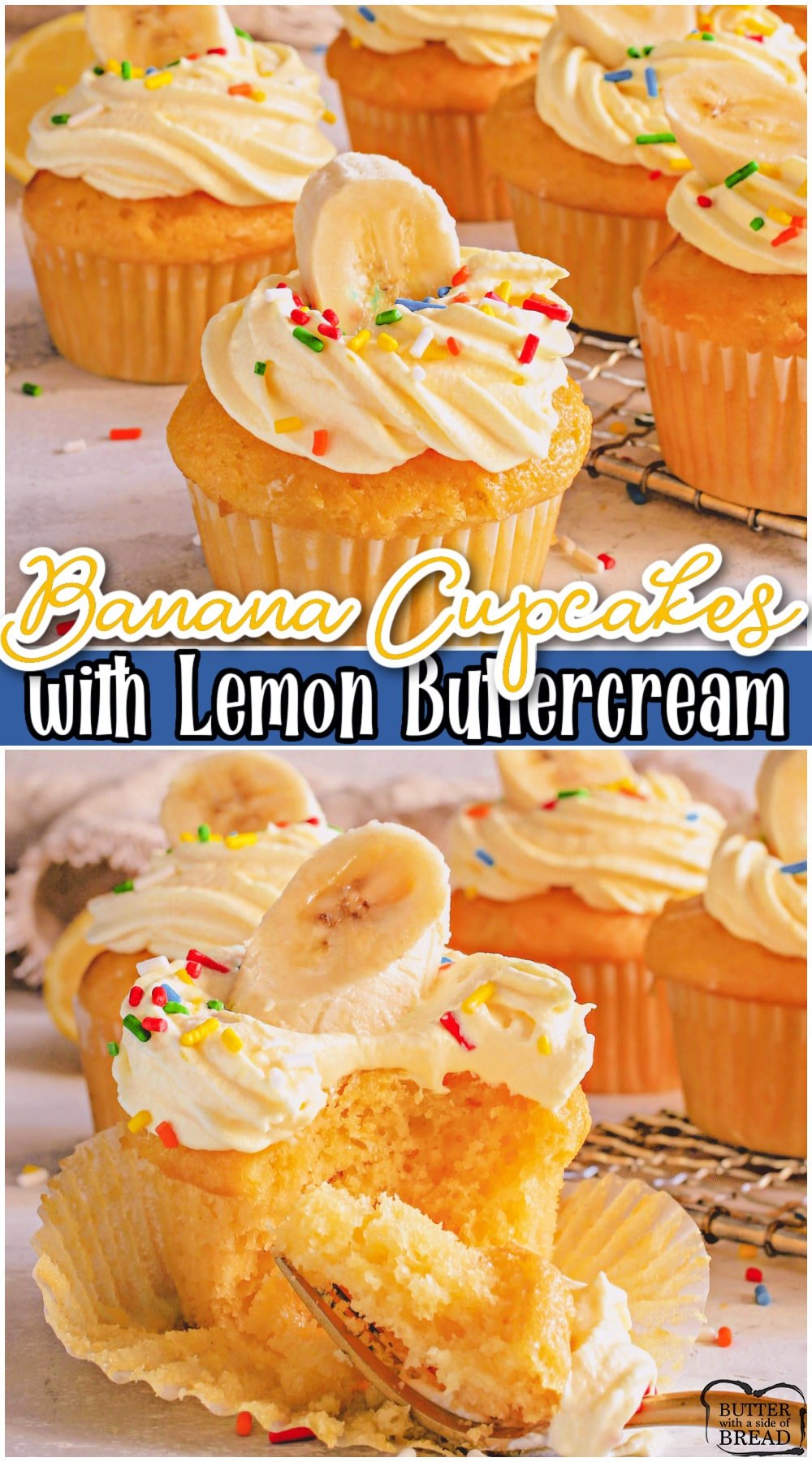 Banana cupcakes with lemon marshmallow buttercream frosting made from scratch with simple ingredients! Soft, sweet homemade banana cupcakes topped with a luscious lemon frosting recipe you'll love! 