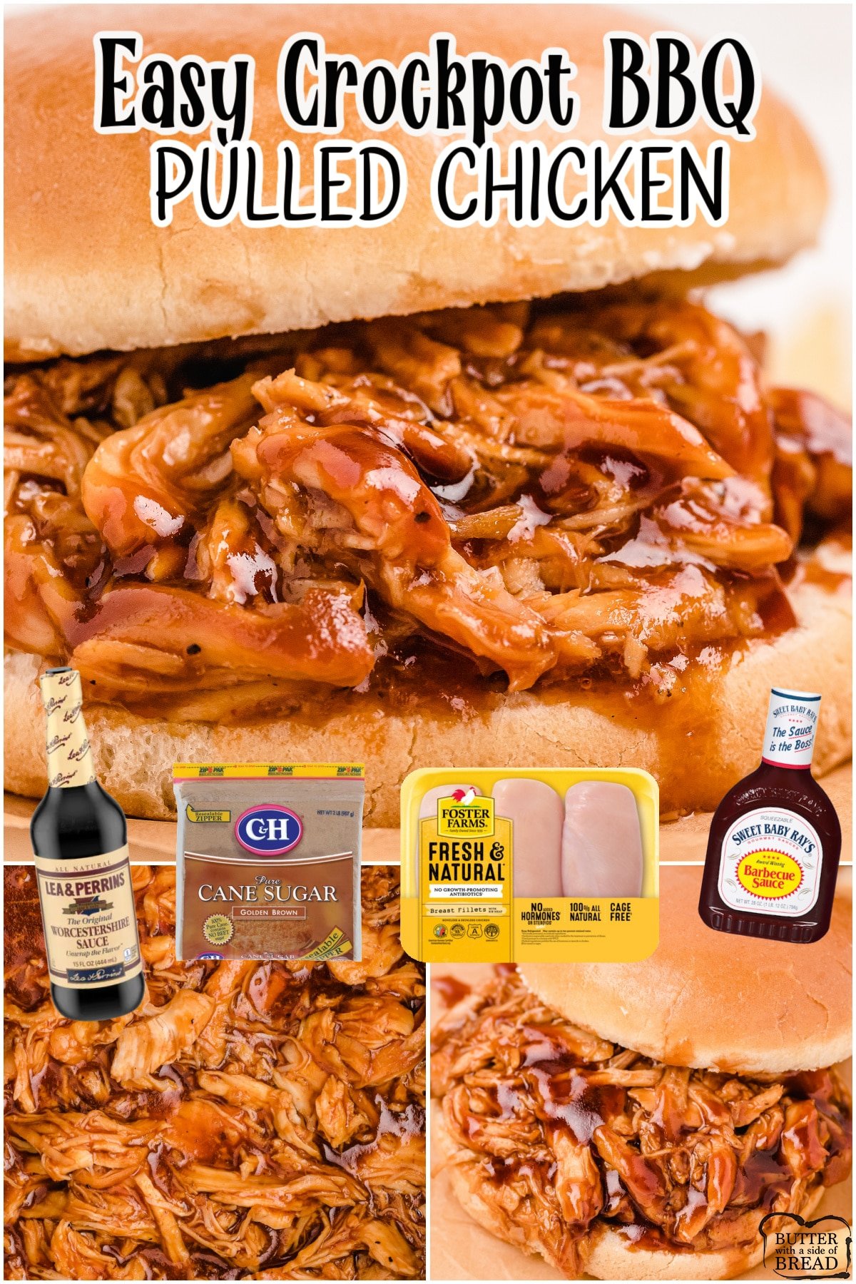 Crockpot Pulled BBQ Chicken Sandwiches are an easy slow cooker made with only 5 ingredients! The tender and tasty shredded chicken sandwiches are a great weekday meal that everyone loves.