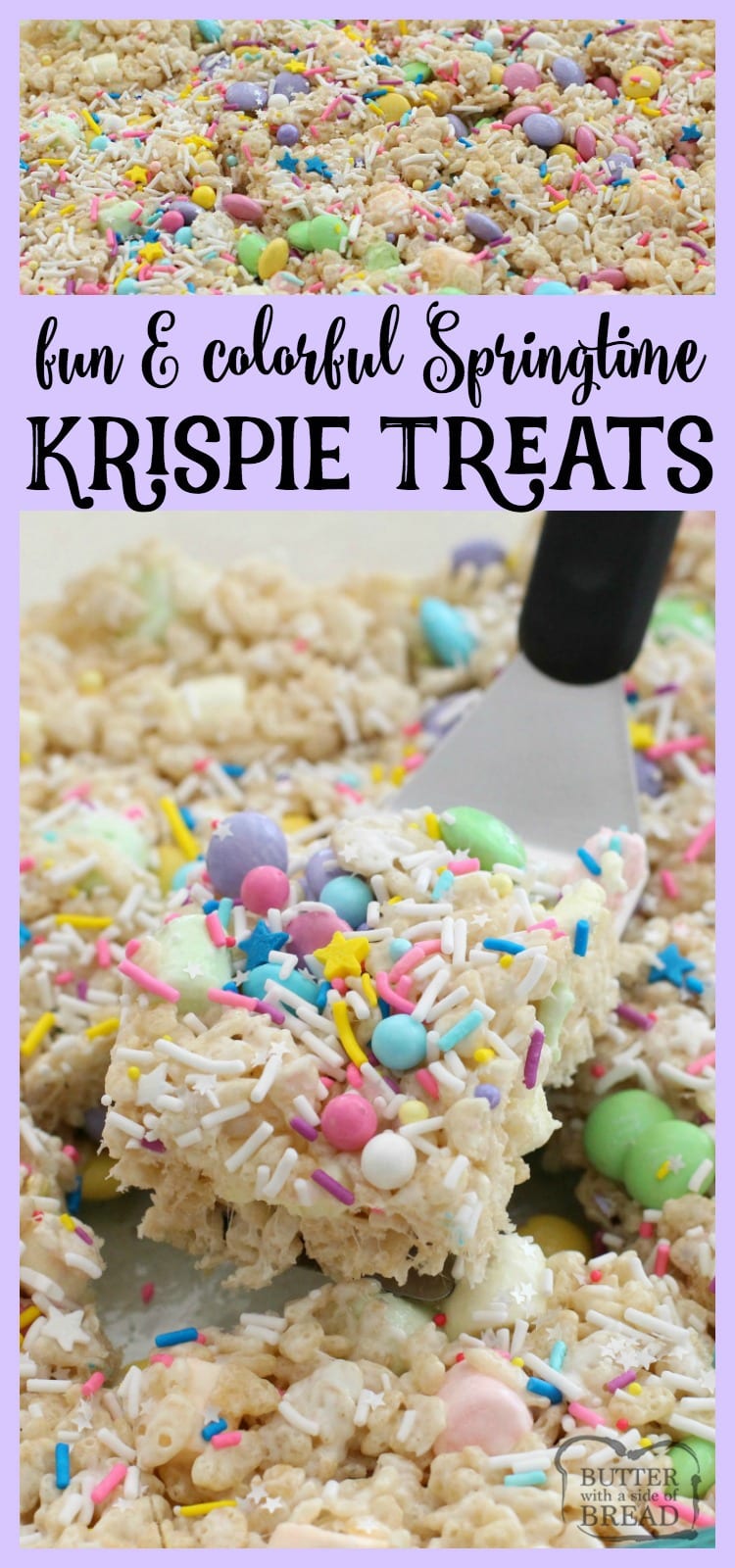 Super fun & easy to make, these Spring Krispie Treats are amazing! The extra butter and marshmallows helps too I'm sure. LOVE the added sprinkles! Easy dessert recipe from Butter With A Side of Bread