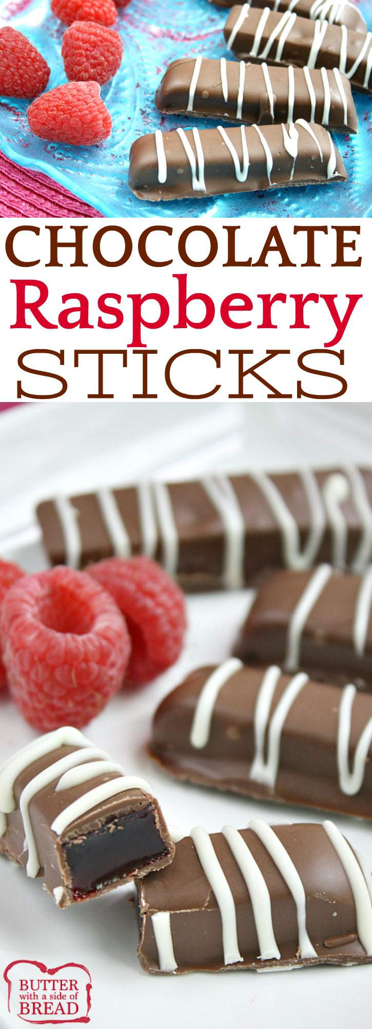 Chocolate Raspberry Sticks are a delicious jellied raspberry filling dipped in melted chocolate!