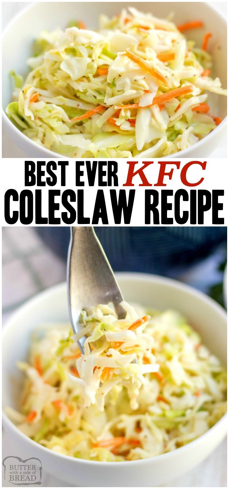 Easy Coleslaw recipe tastes just like KFC's & comes together in minutes! Best ever coleslaw dressing and learn my secret tip that takes your coleslaw from good to GREAT! #coleslaw #recipe #food #cabbage #KFC from BUTTER WITH A SIDE OF BREAD