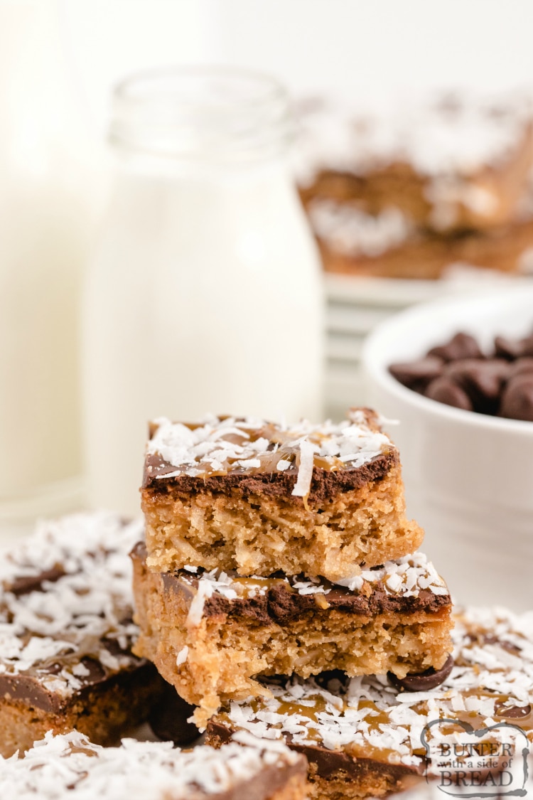Samoa cookie bars made with chocolate, caramel and coconut