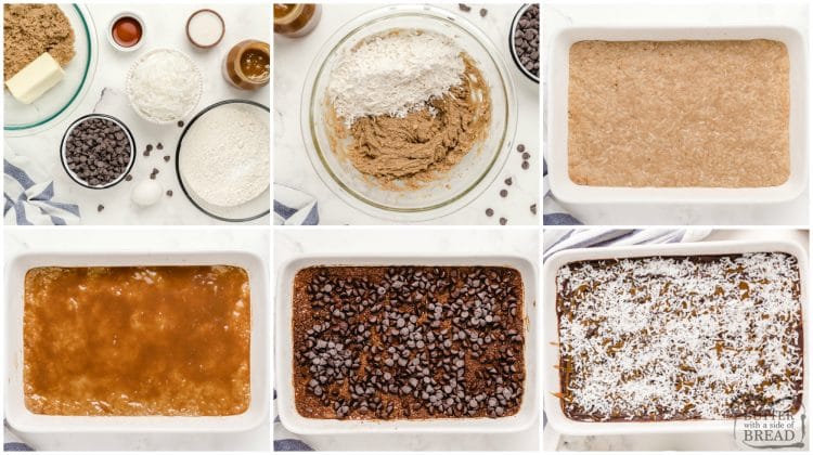 Step by step instructions on how to make samoa cookie bars 