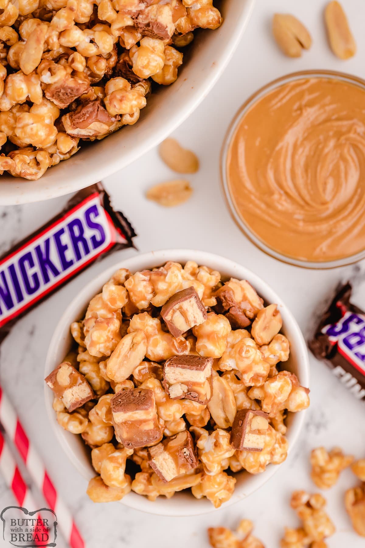 bowls of peanut butter Snickers popcorn