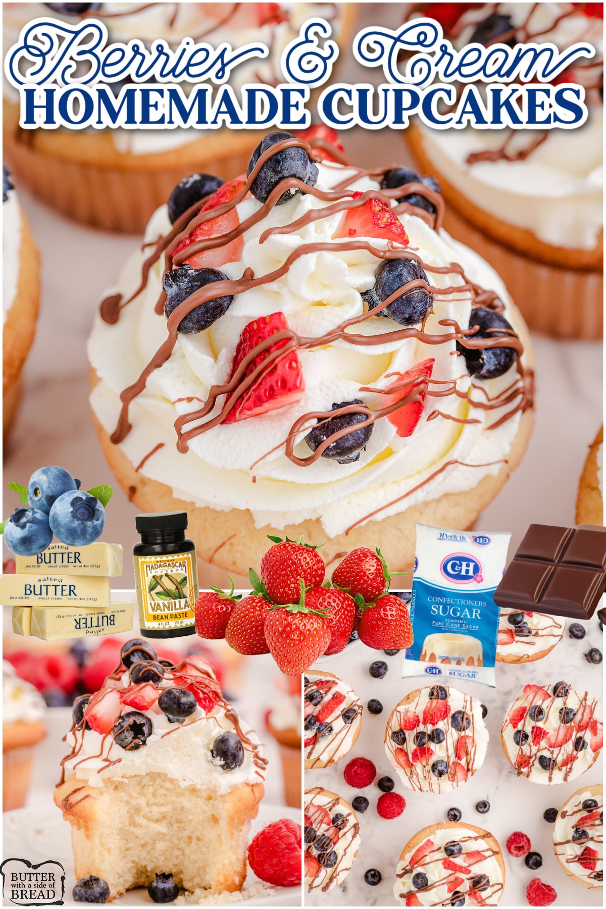 Berries and Cream Cupcakes are velvety vanilla cupcakes topped with sweet almond whipped cream & fresh berries! Homemade mixed berry cupcakes everyone enjoys!