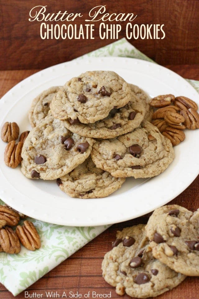 Today is National Chocolate Chip Day (really!) and to celebrate I'm sharing a delicious recipe that includes my favorite ingredient. Can you guess what it is?! Yep- BUTTER! Ahhh yes- in my opinion it makes just about any baked good better. These cookies have a great butter-pecan flavor and the added chocolate is a bonus. They're soft cookies but the outer edges get slightly crispy from the butter -- mmmmm! Try them, you'll love them!