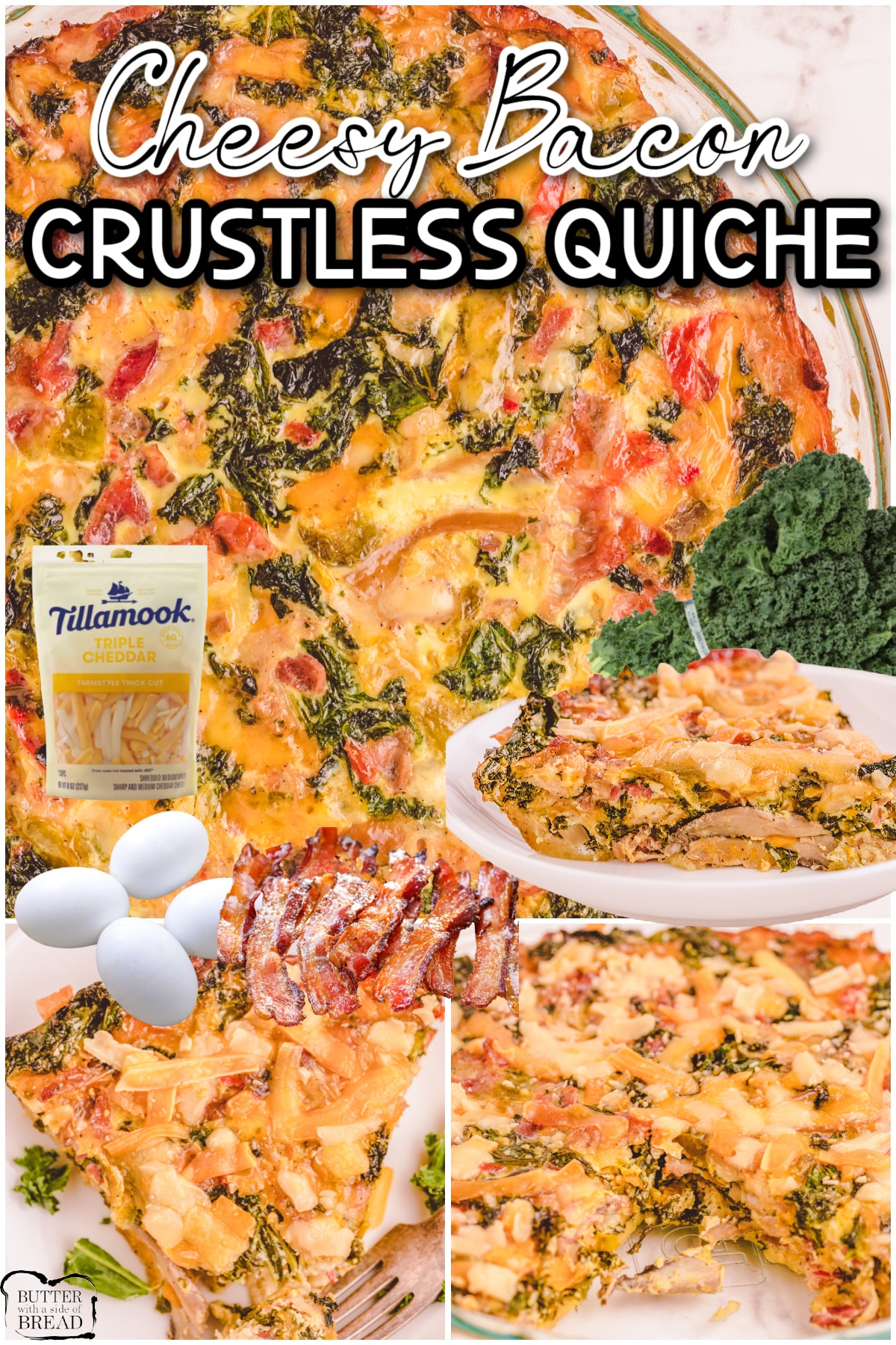 Easy Crustless Quiche made with bacon, cheese, eggs, peppers and kale! This easy quiche recipe makes for an incredible one-dish meal! 