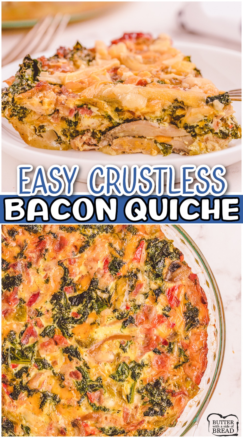 Easy Crustless Quiche made with bacon, cheese, eggs, peppers and kale! This easy quiche recipe makes for an incredible one-dish meal!
