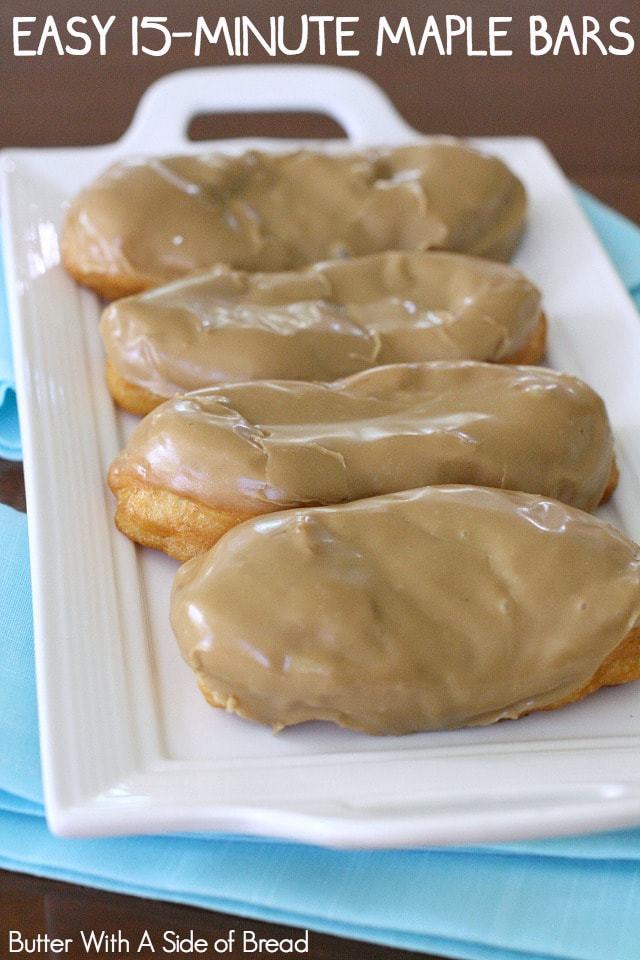 Maple Bars made in minutes with biscuit dough & a delicious homemade maple glaze. Never buy store bought again after tasting these warm, fresh maple bar donuts!