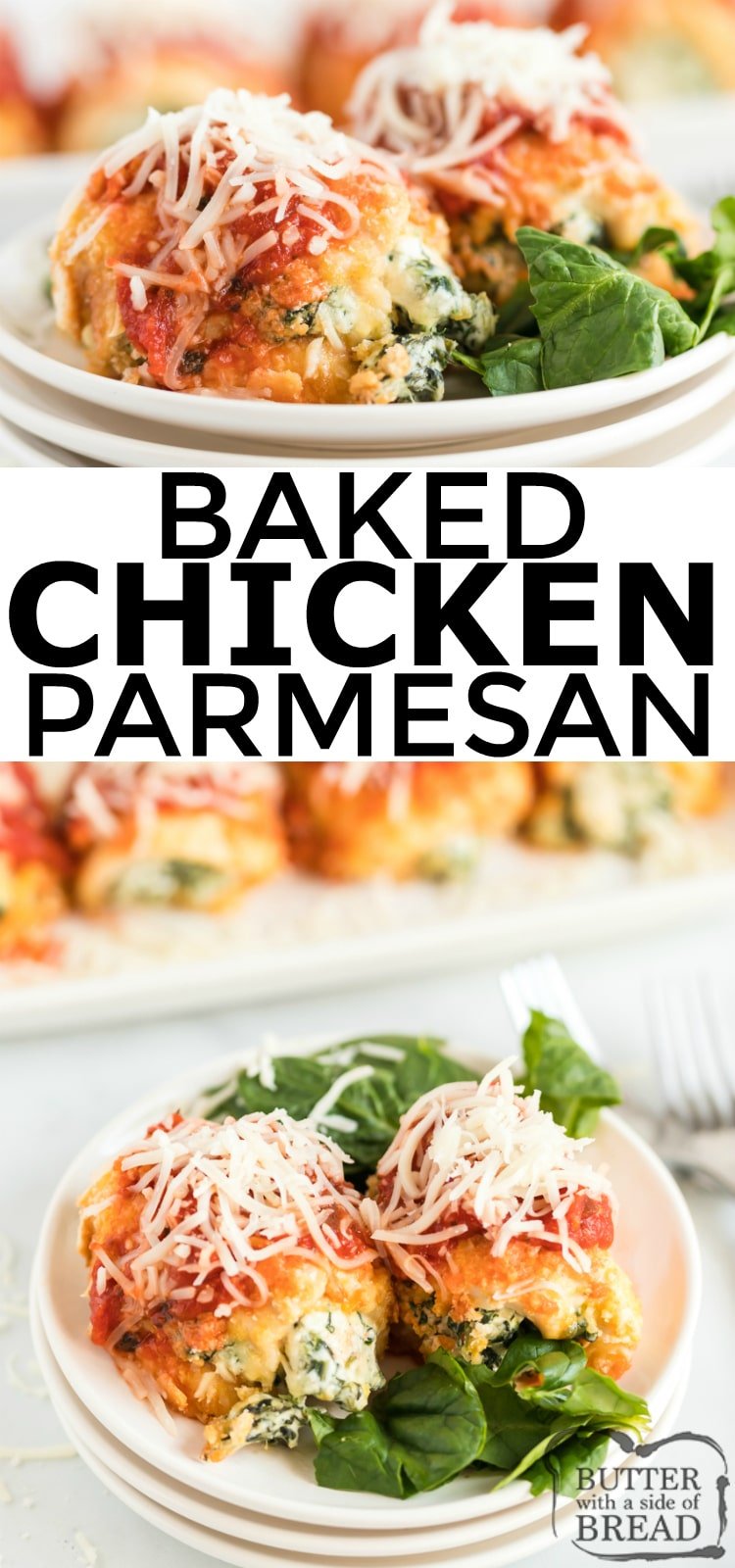 Baked Chicken Parmesan recipe made with tenderized and breaded chicken breasts, baked and smothered in marinara sauce, and topped with melted mozzarella and parmesan cheese.  Your family is going to love this take on a lighter classic Italian easy chicken parmesan.