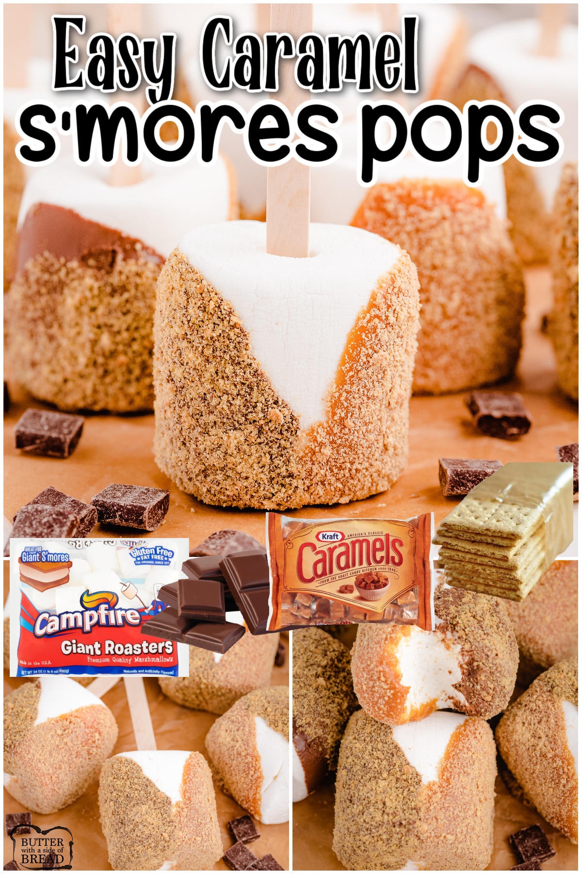 Caramel S'more Pops are a fun & tasty twist on classic s'mores! They're marshmallows dipped in caramel & chocolate, then coated with graham cracker for an easy make-ahead treat! 