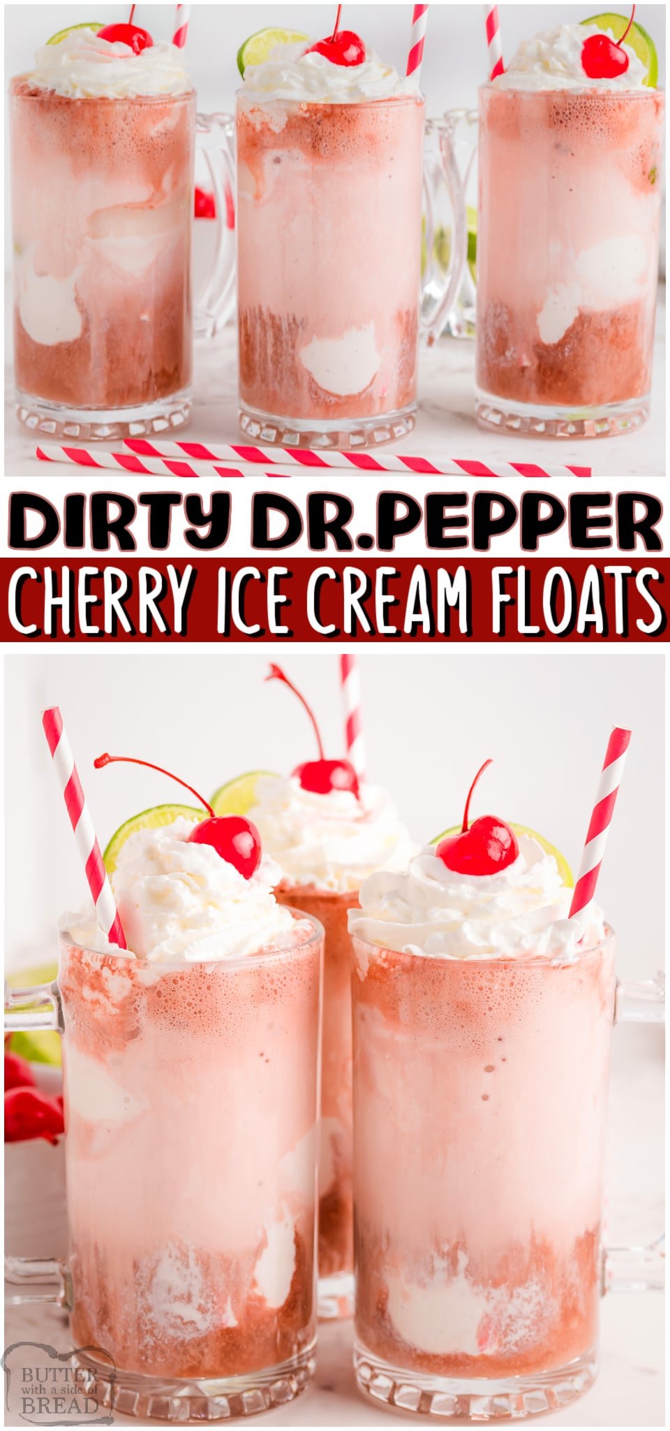 Dirty Cherry Dr. Pepper Floats made with Cherry Dr.Pepper soda, coconut & lime, then topped with ice cream & a cherry! Simple Dr.Pepper Float recipe with a fun twist! 