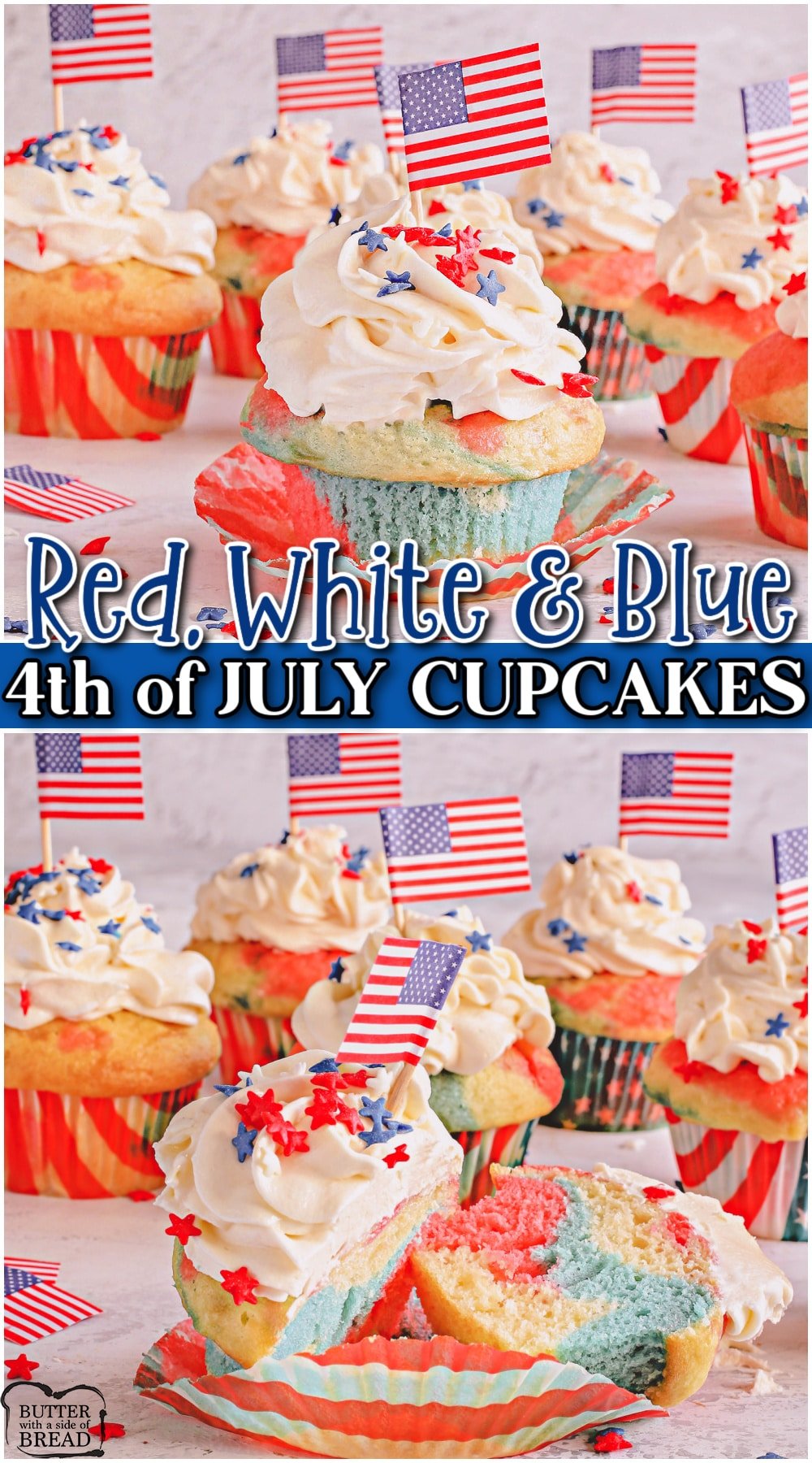 Red, White and Blue Swirl Cupcakes are a delightfully festive patriotic treat! Patriotic swirl cupcakes are a fun dessert to bring to your next 4th of July celebration!