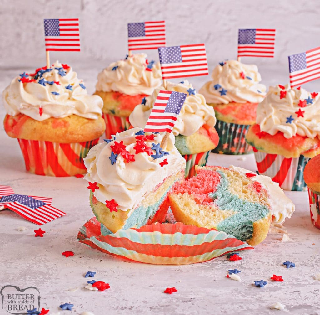 patriotic red white and blue swirl cupcakes