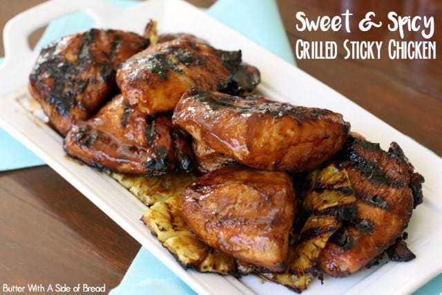 This Grilled Sticky Chicken recipe uses a tangy chicken marinate with a nice kick of spice and flavor! The sauce is easy to make and results in a sticky glaze on top tender, juicy grilled chicken.