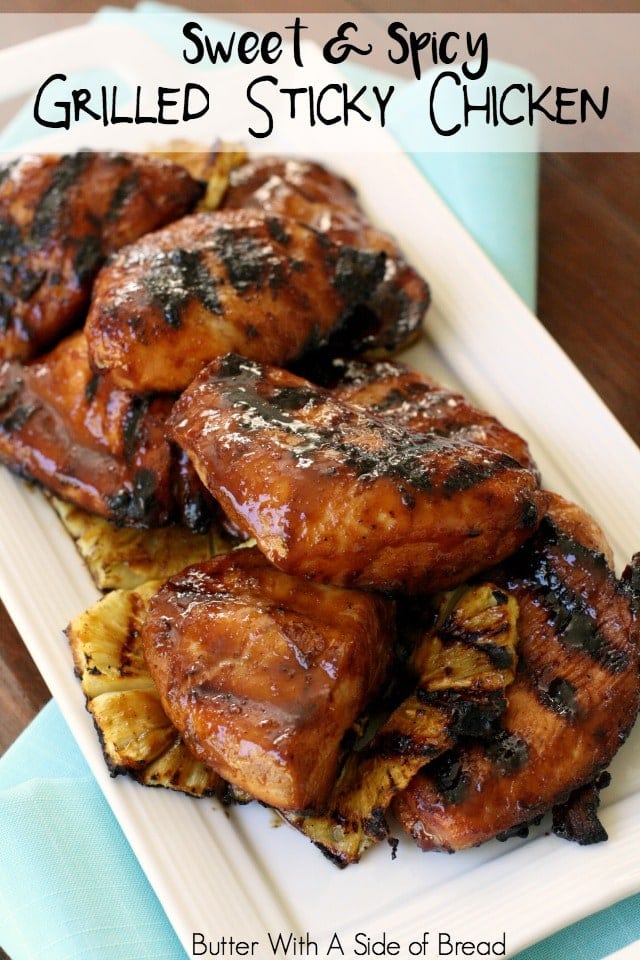 This Grilled Sticky Chicken recipe uses a tangy chicken marinate with a nice kick of spice and flavor! The sauce is easy to make and results in a sticky glaze on top tender, juicy grilled chicken.