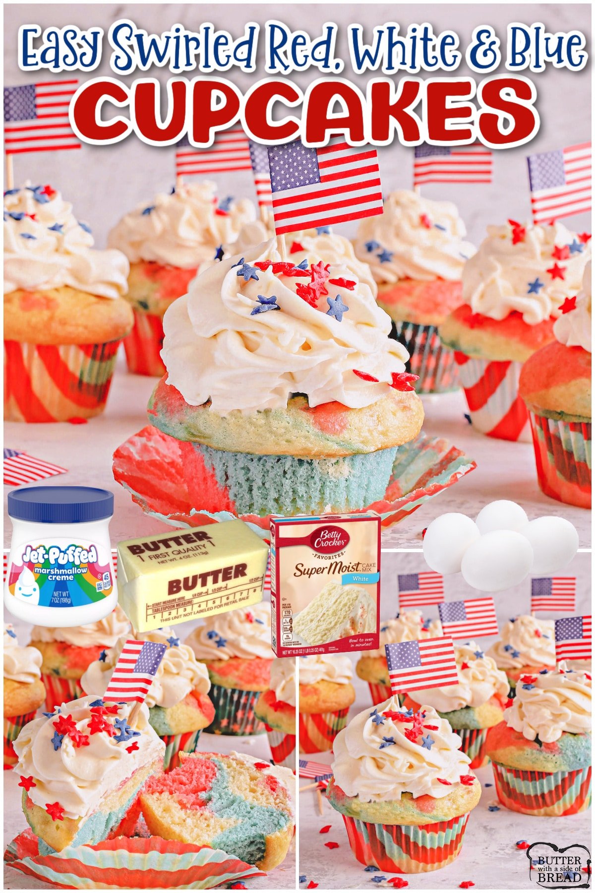 Red, White and Blue Swirl Cupcakes are a delightfully festive patriotic treat! Patriotic swirl cupcakes are a fun dessert to bring to your next 4th of July celebration! 