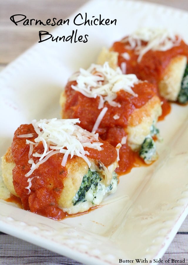 Parmesan Chicken Bundles stuffed with spinach & cheese then breaded, baked and topped with flavorful marinara sauce. Perfect Parmesan #chicken #dinner #recipe from Butter With A Side of Bread 