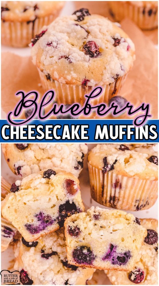 Blueberry Cheesecake Muffins are delightful homemade muffins packed with juicy blueberries & cream cheese filling, then are topped with a buttery sweet crumble. Blueberry Cheesecake Muffins are delightful homemade muffins packed with juicy blueberries & cream cheese filling, then are topped with a buttery sweet crumble.