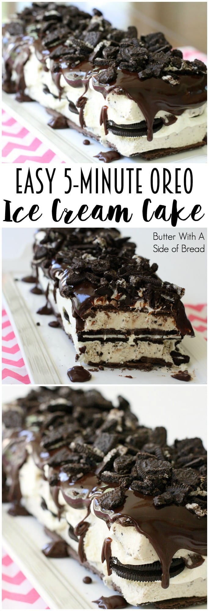 Easy Oreo Ice Cream Cake only takes minutes to assemble, yet it tastes and looks incredible with its layers of ice cream, chocolate graham crackers, whipped cream, Oreos, and chocolate ganache.