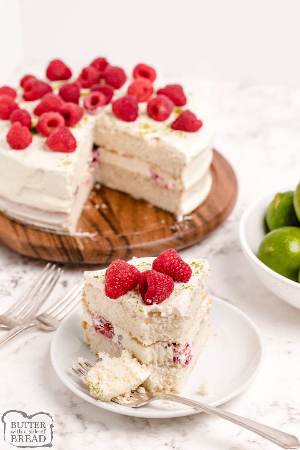 Layered cake with raspberries and tons of lime flavor