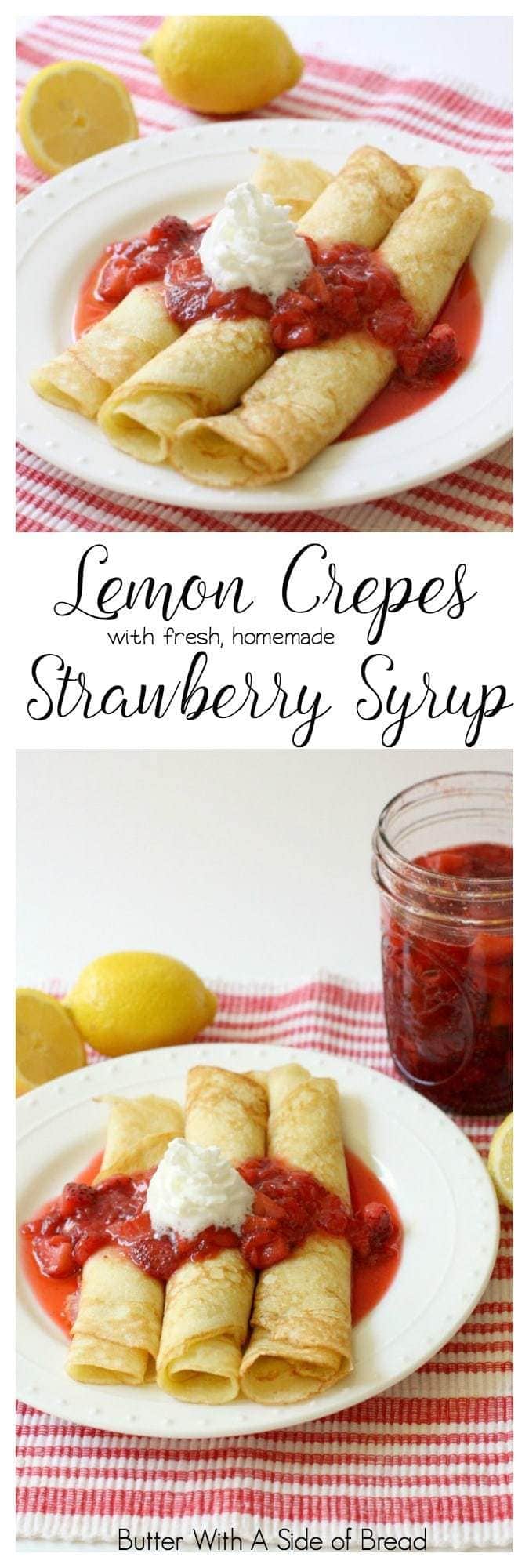 We love crepes at our house and when I found this fantastic recipe for fresh strawberry syrup, I knew I wanted to pair them with lemon crepes. It was delicious combination and everyone loved it. It was easy enough to make as far as crepes go, but they looked so pretty, you could easily serve them to guests.