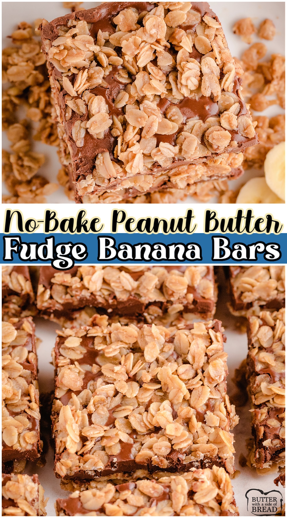 No-bake peanut butter banana fudge bars made with banana, oats, & peanut butter that are perfect for breakfast or an afternoon snack! Easy peanut butter chocolate recipe made quick & is super tasty!