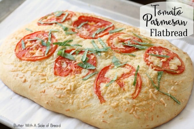 Tomato Parmesan Flatbread recipe made from scratch and topped with fresh tomato, basil and Parmesan cheese. A soft & flavorful bread to go alongside dinner. 