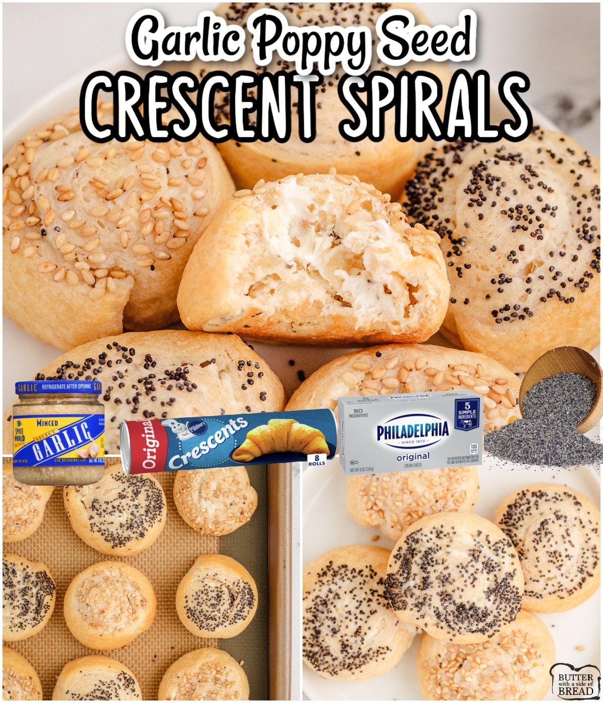 Garlic Poppy Seed Spirals are a delicious appetizer perfect for any occasion! Crescent rolls filled with garlic cream cheese & rolled in poppy or sesame seeds are a flavorful hors d'oeuvres everyone loves!