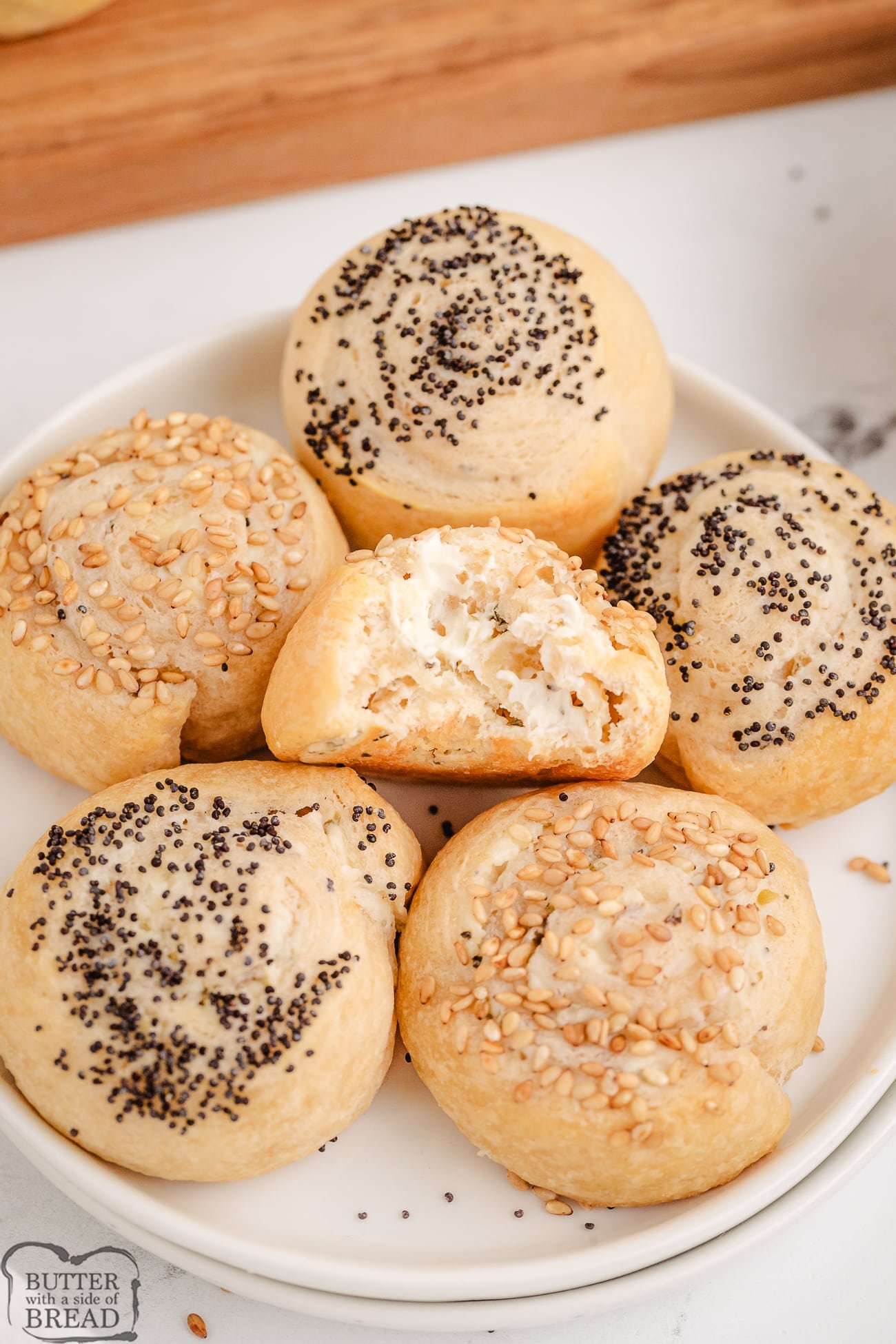 garlic poppy seed spiral crescents stuffed with cream cheese