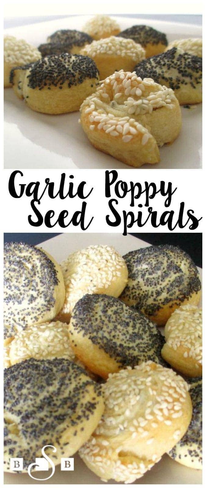 Flaky crescent dough, smooth cream cheese, and the aroma of garlic…your mouth is watering and you want to eat all the appetizers before your guests arrive. This is the glory of the garlic poppy seed spiral. In two bites this little finger food is gone. It is best to serve them fresh out of the oven, but if they cool off they are still the perfect appetizer.