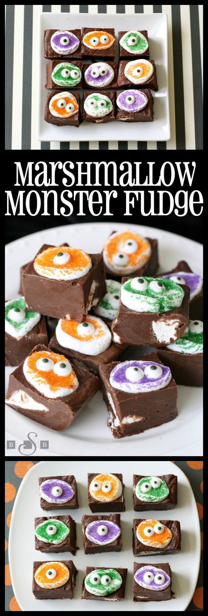 Marshmallow Monster Fudge takes a simple and delicious fudge recipe, and adds these adorable monster faces to the top to make an easy and cute Halloween treat!