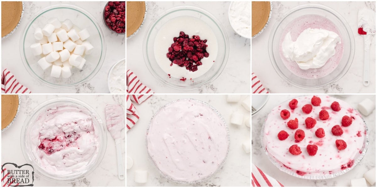 Step by step instructions on how to make No Bake Raspberry Marshmallow Pie