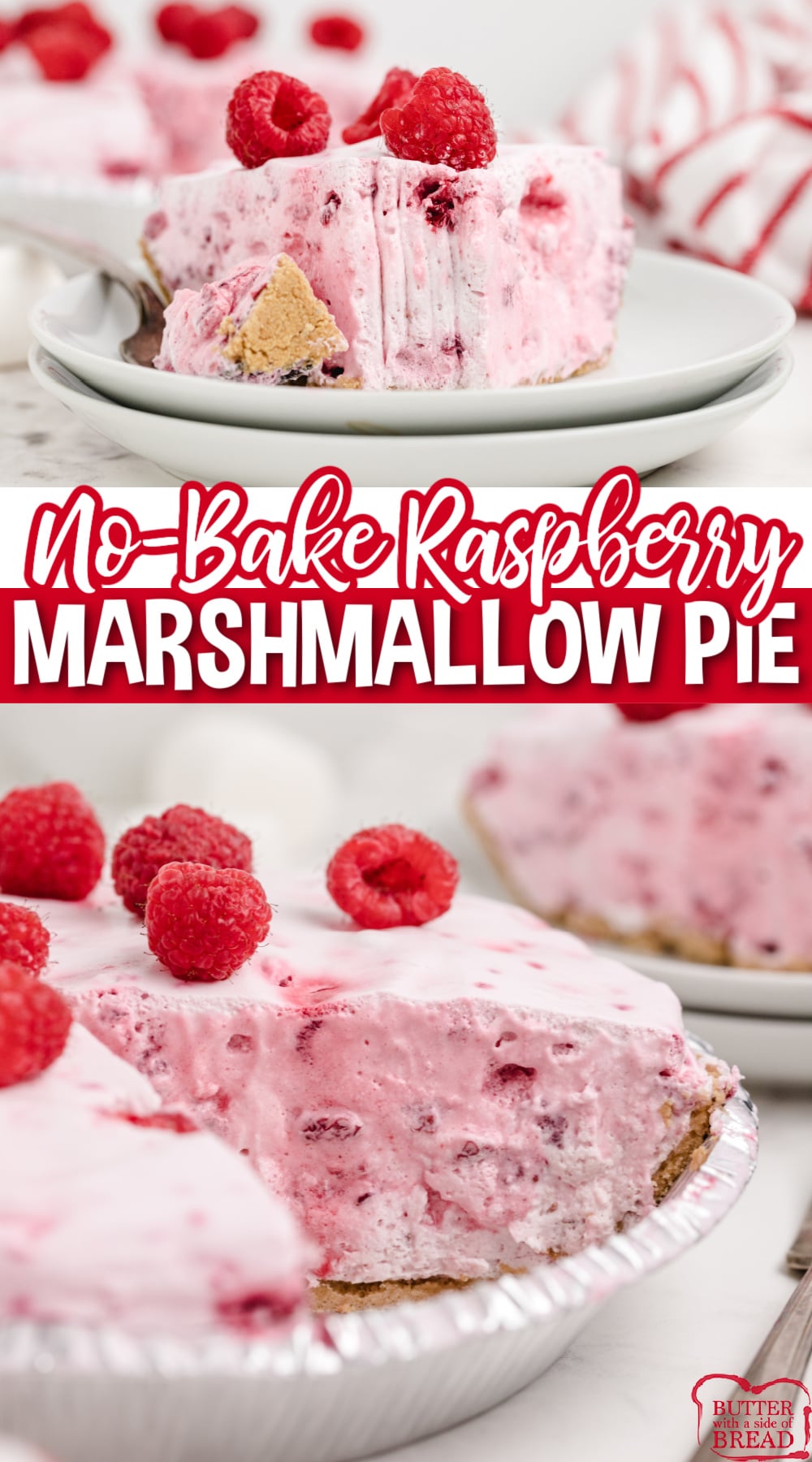 No Bake Raspberry Marshmallow Pie made with 5 ingredients in less than 5 minutes. This no bake dessert is so easy to make!