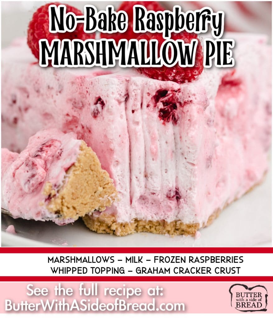 No Bake Raspberry Marshmallow Pie made with 5 ingredients in less than 5 minutes. This no bake dessert is so easy to make!