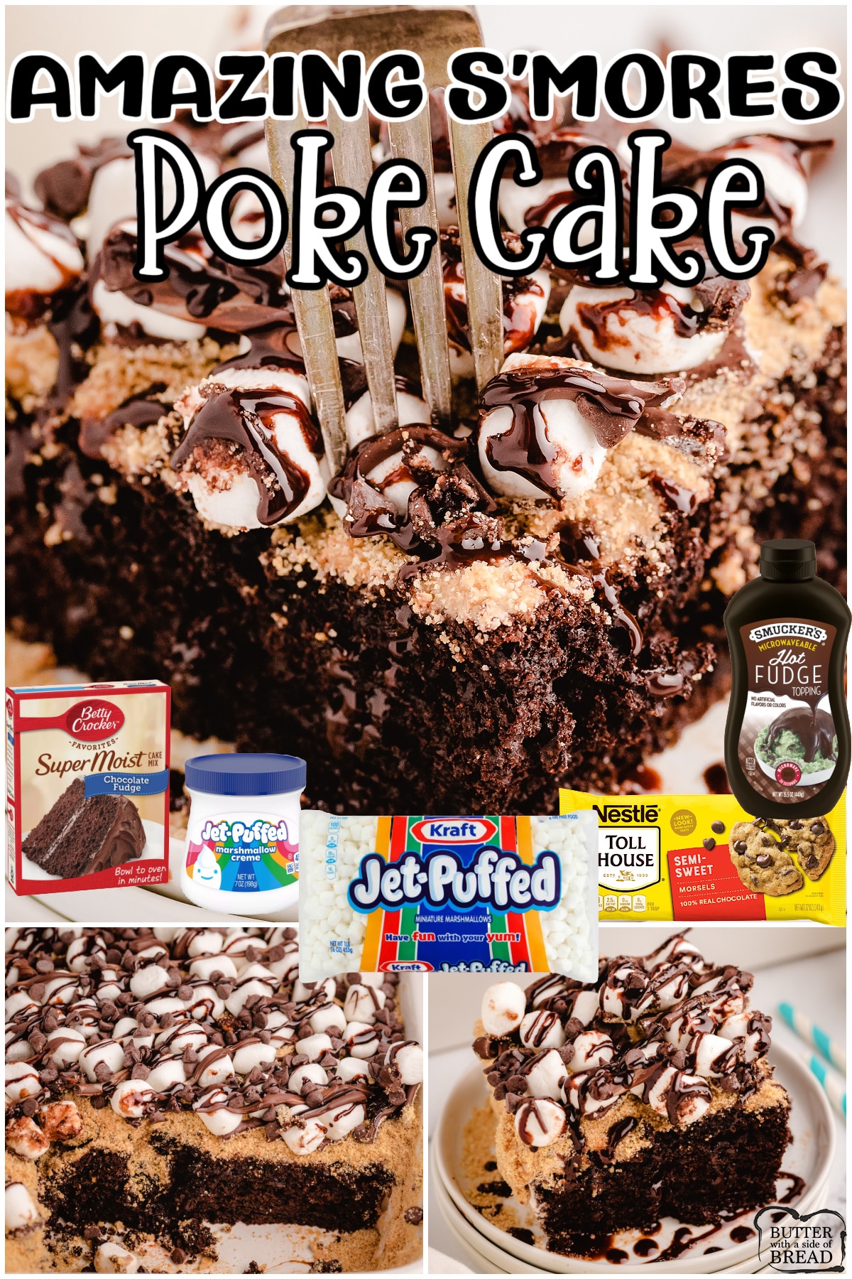 S'mores Poke Cake made with a chocolate cake mix topped with marshmallow cream, graham cracker crumbs, mini marshmallows & chocolate drizzle! S'mores in poke cake form that everyone enjoys!