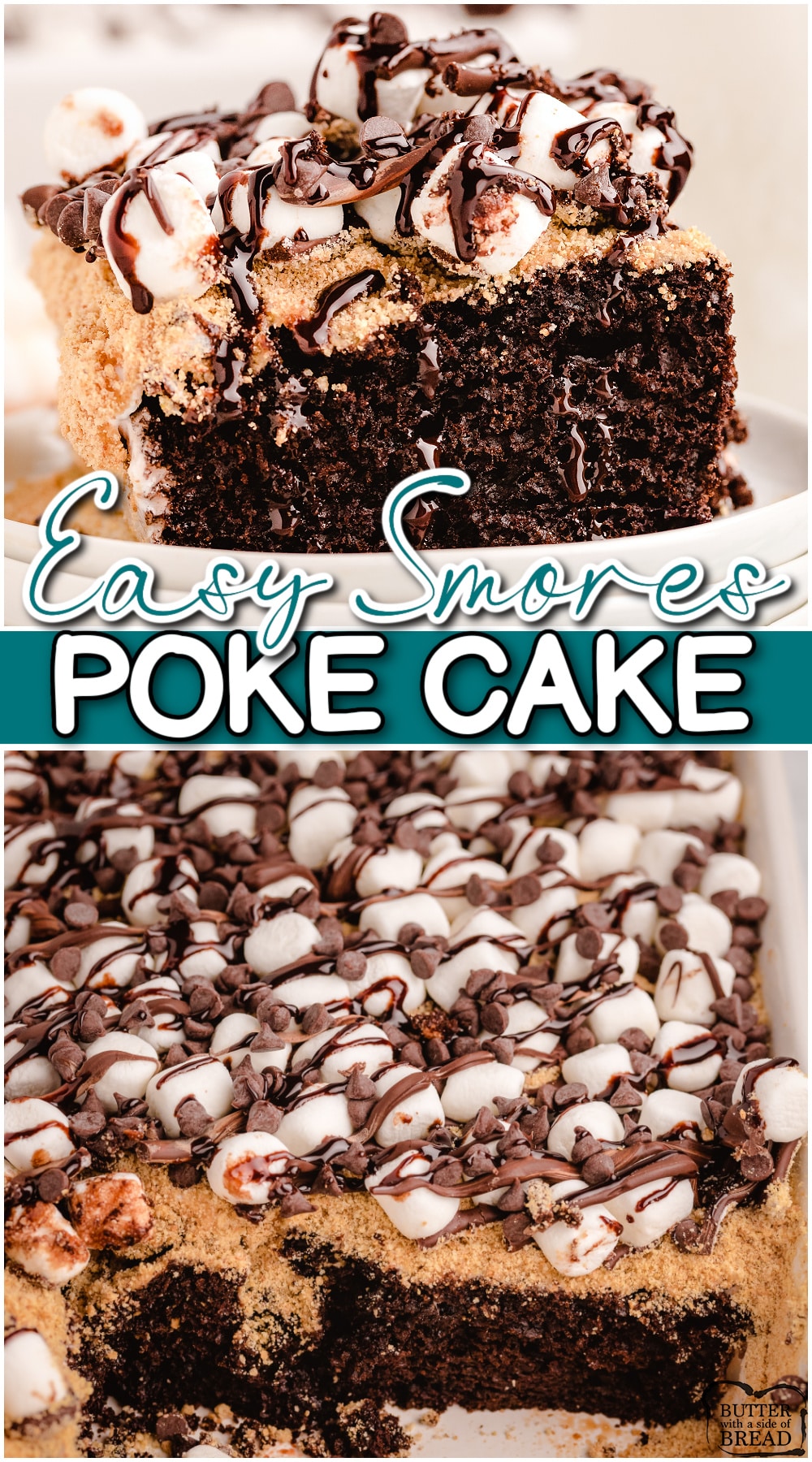 S'mores Poke Cake made with a chocolate cake mix topped with marshmallow cream, graham cracker crumbs, mini marshmallows & chocolate drizzle! S'mores in poke cake form that everyone enjoys!