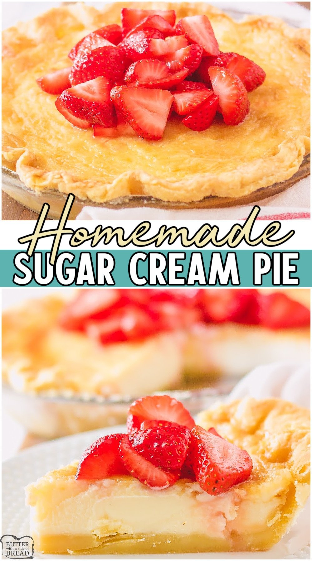 Sugar cream pie is a delicious custard pie made with butter, brown sugar, heavy cream and vanilla. Make this delicious custard pie from scratch today and watch everyone rave! #pie #sugarcream #custard #vanilla #baking #easyrecipe from BUTTER WITH A SIDE OF BREAD