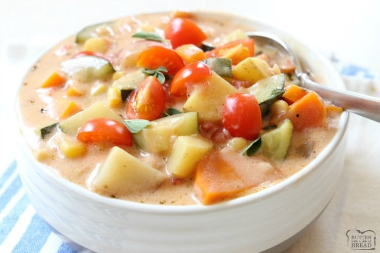 Summer Vegetable Stew is delicious, with tomatoes, zucchini, carrots and more. Fresh flavors perfect for a weeknight summer meal when the garden is overflowing.