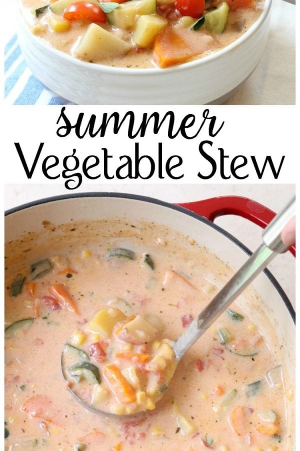 Delicious Summer Vegetable Stew with tomatoes, zucchini, carrots and more. Fresh flavors perfect for a weeknight summer meal when the garden is overflowing.