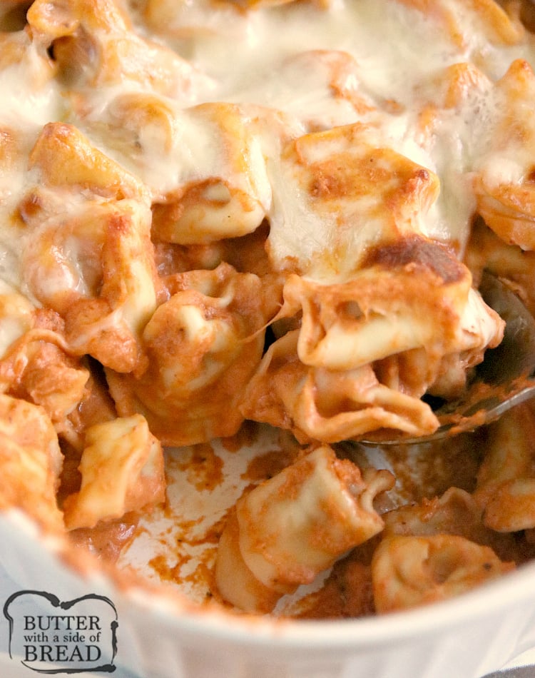 Cheesy Baked Tortellini is made with cream cheese, a jar of spaghetti sauce, cheese tortellini and mozzarella cheese. Only four ingredients in this easy pasta dish that is delicious!